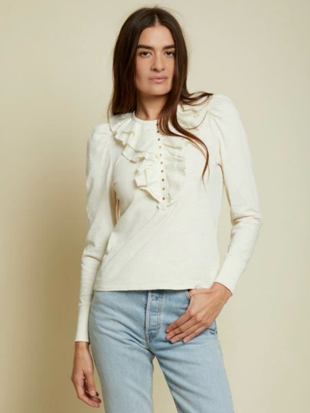 Nation Ltd Women’s Tommie Frilly Henley Top in Off White Size XS